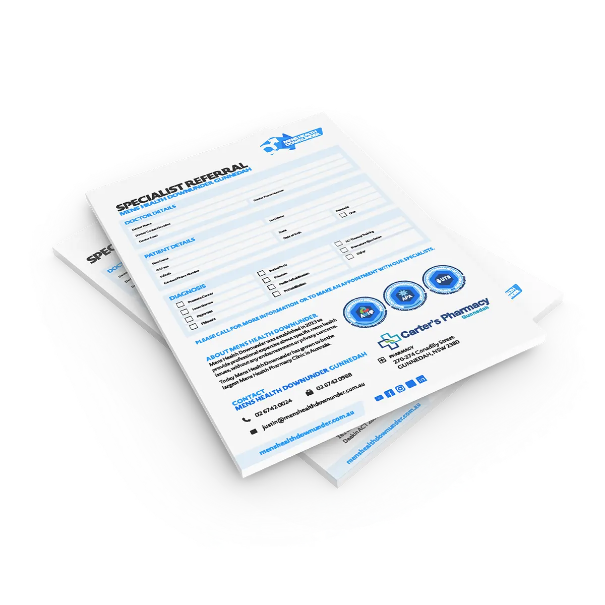 Specialist Referral Co-Branded Pads | A4 2-sided in qty 20, 50, 100 | Mens Health Downunder