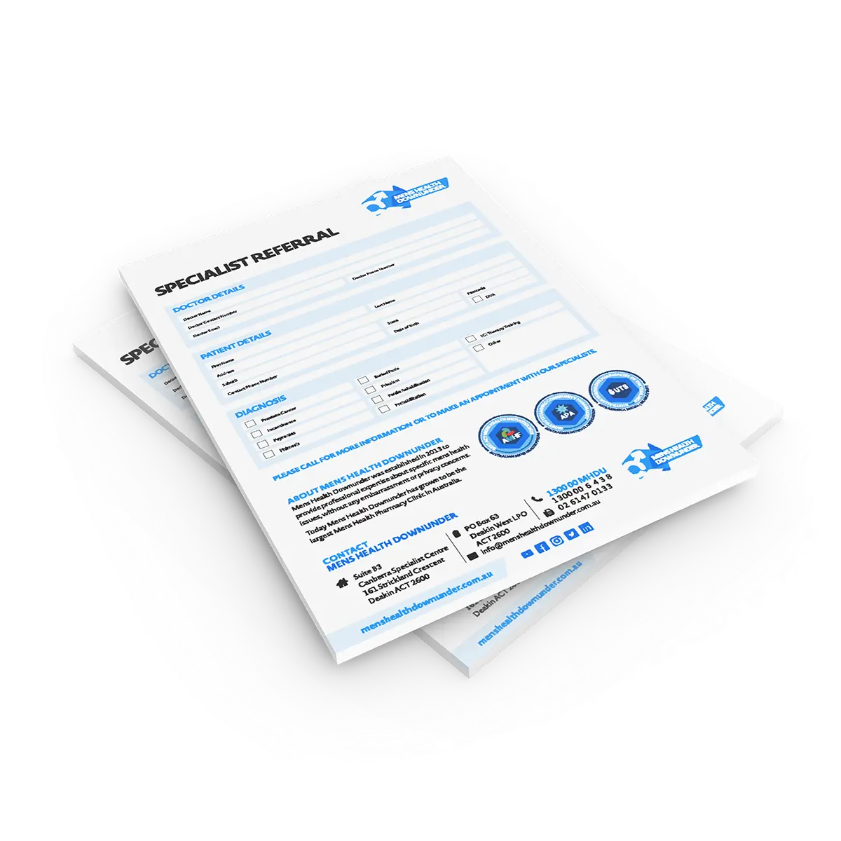 Specialist Referral Pads | A4 2-sided in qty 20, 50, 100 | Mens Health Downunder